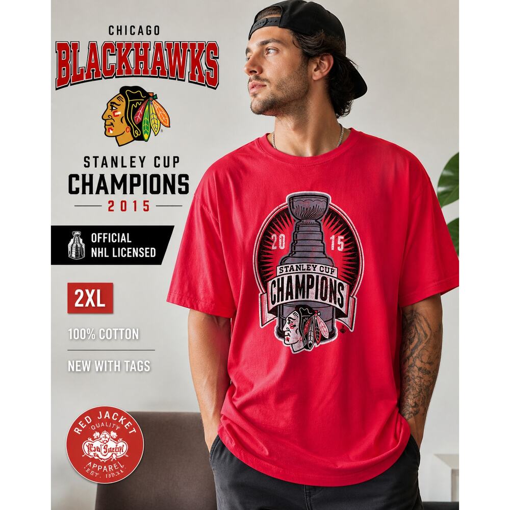 Chicago Blackhawks Stanley Cup 2015 Champions Tee Red Jacket 2XL NWT